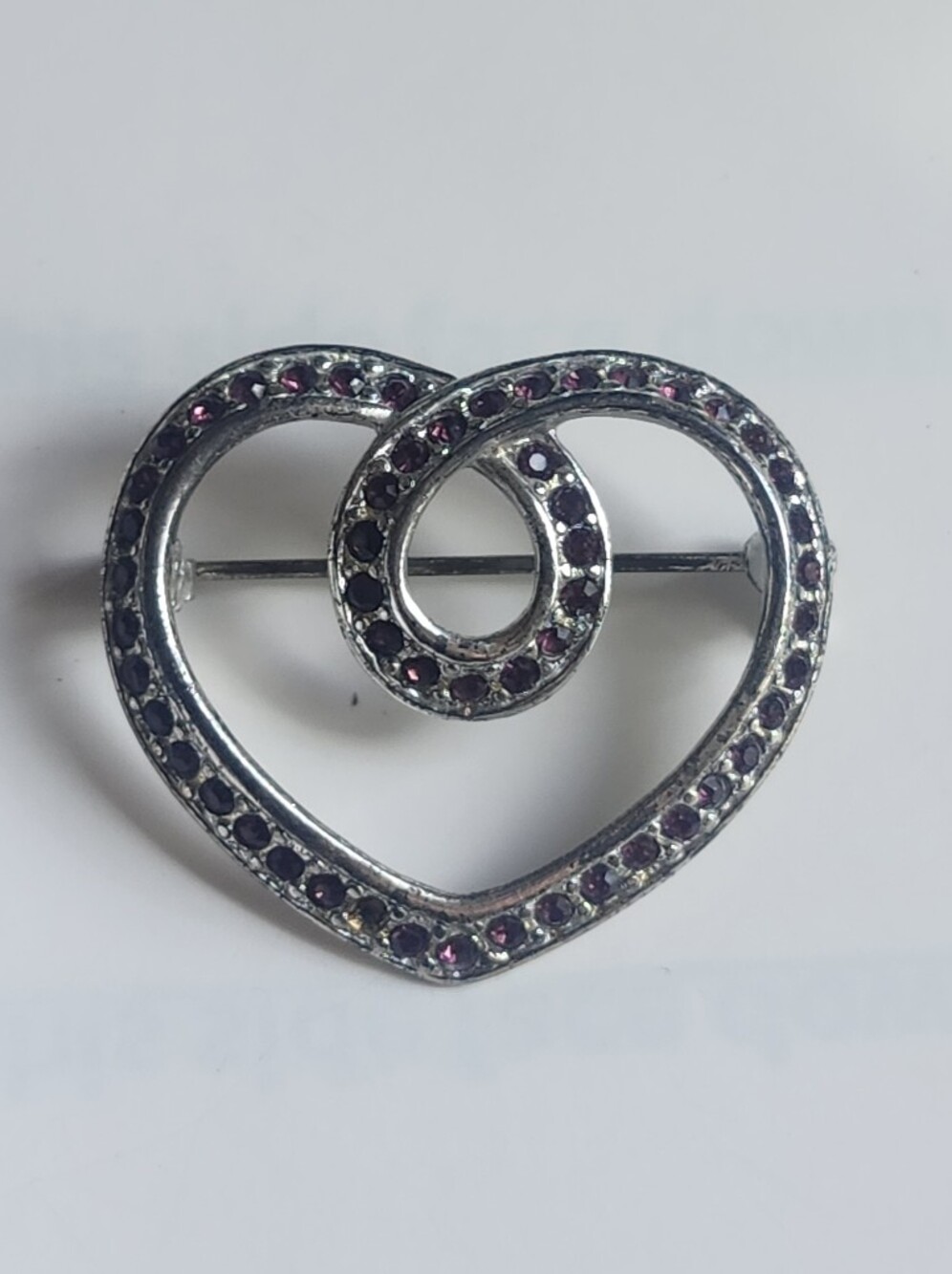 Napier Vintage Silver Tone Heart Brooch with Purple Rhinestones